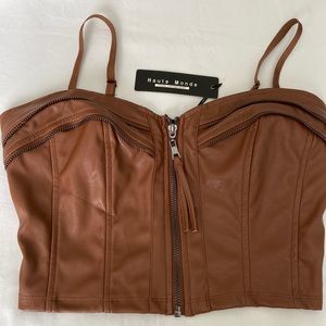 Haute Monde Crop Top imitation leather. Brown with zip front New with Tag Small